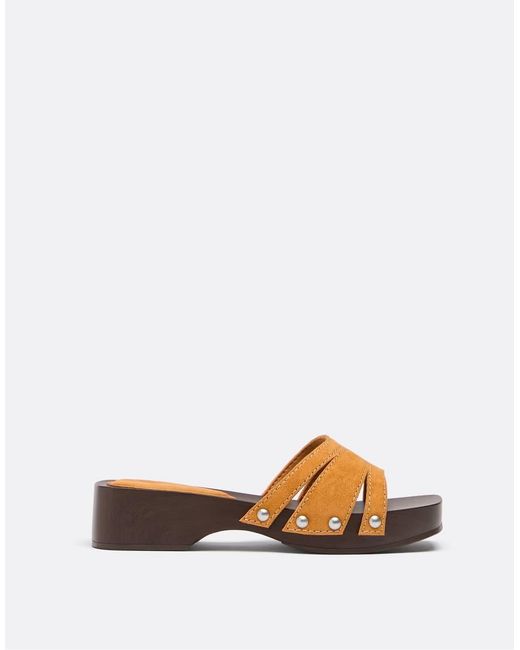 Stradivarius White Flat Leather Clogs