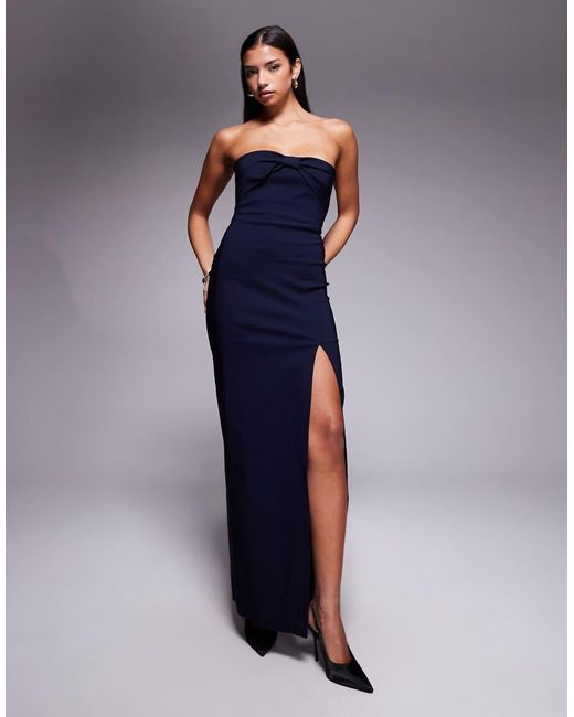 Vesper Blue Bengaline Bow Front Detail Bandeau Thigh Split Maxi Dress