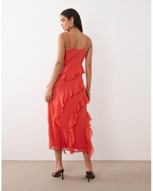 Vero Moda Red Smilla Chiffon Cami Ruffle Detail Midi Dress
