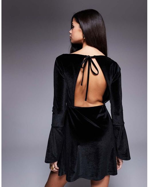 ASOS Black Velvet Flute Sleeve Slash Neck Mini Dress With Open Back Detail
