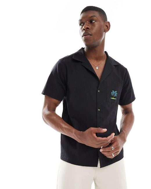 New Look Blue Palm Tree Embroidered Linen Look Revere Shirt for men