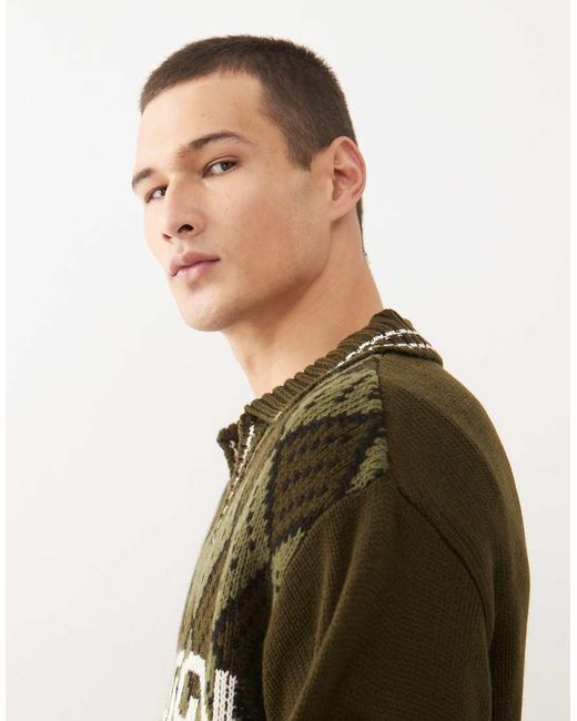 Collusion Green Knitted Argyle Boxy Sweater Jumper for men