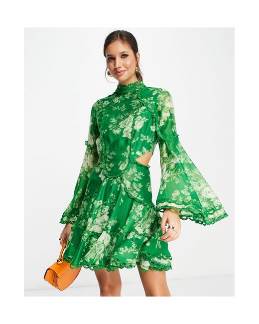 ASOS Green Scallop Trim High Neck Mini Dress With Cut Out Waist Detail With Floral Print