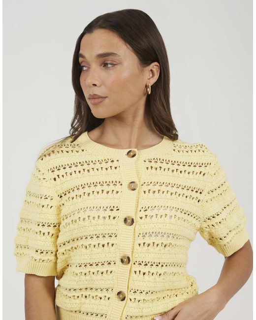 Brave Soul Yellow Short Sleeve Pointelle Knit Crew Neck Cardigan