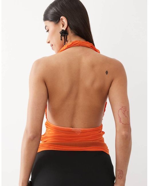 ASOS Red Ruched Deep V Neck Halter Mesh Top
