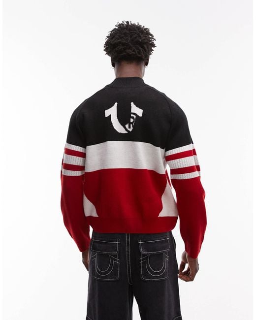 True Religion Red Zip-through Racing Raglan Knitted Jacket With Contrast Panels for men