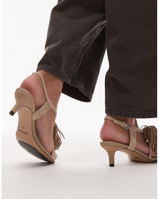 & Other Stories Brown Leather Slingback Open Toe Kitten Heels With Fringe Pom-pom