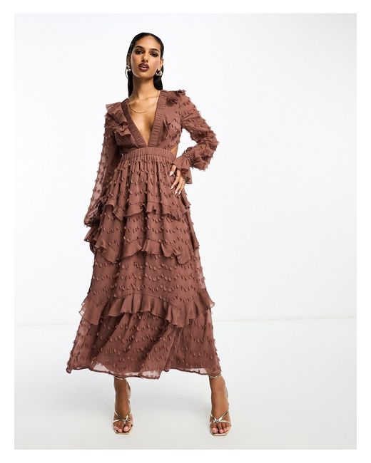 ASOS Brown Textured Plunge Tiered Maxi Dress With Tie Back