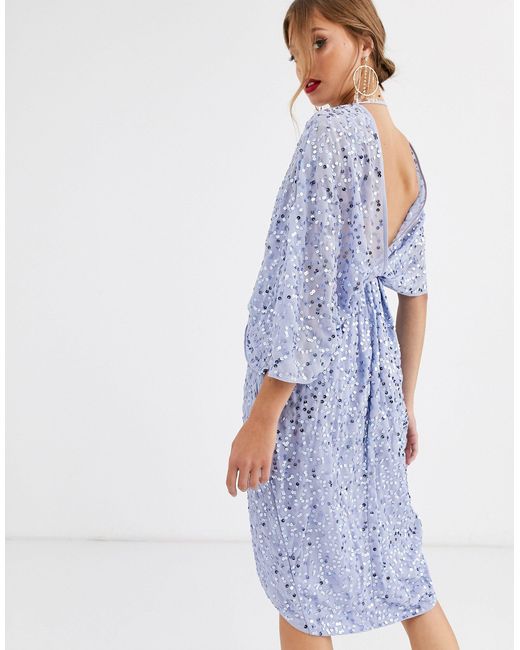 scatter sequin knot front kimono midi dress