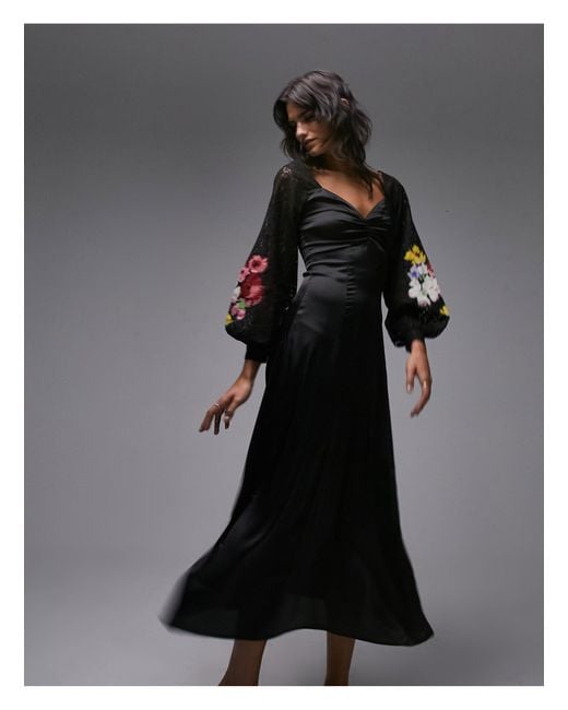 TOPSHOP Black Lace Sleeve Satin Gown