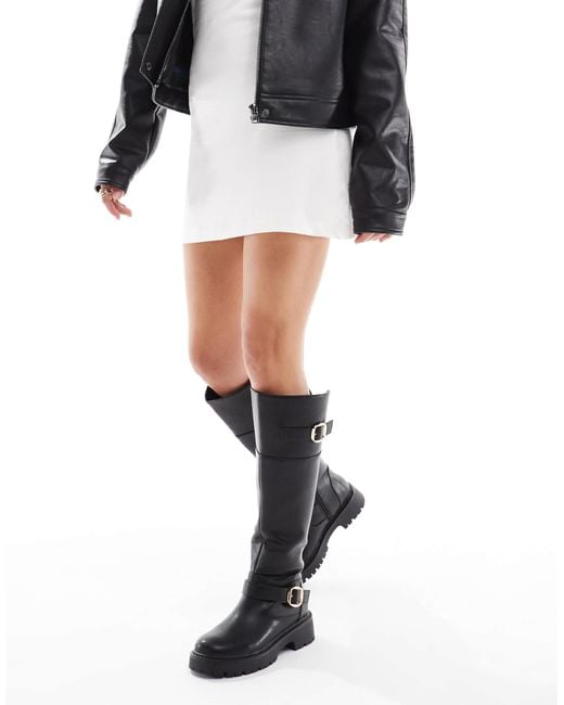 London Rebel Black Olivia Chunky Knee Boots With Buckle Detail