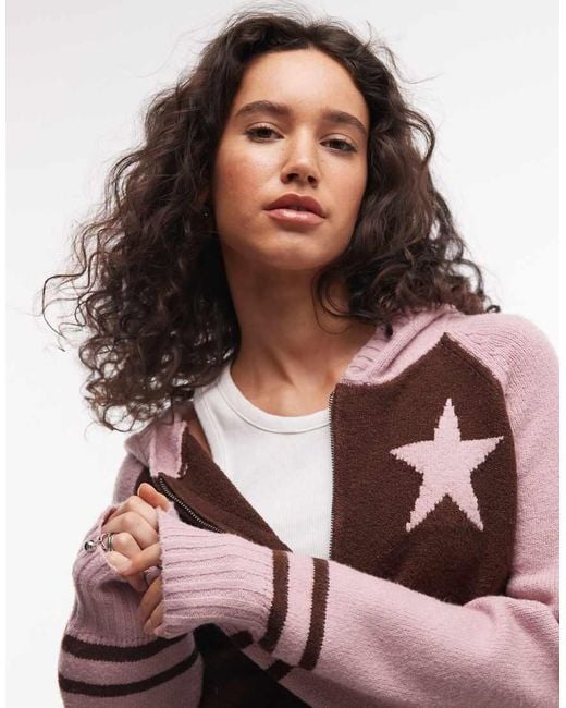 Daisy Street Brown Fitted Zip Down Cardigan With Star Graphic