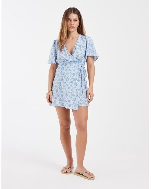 Vero Moda Blue Flutter Sleeve Wrap Front Mini Dress