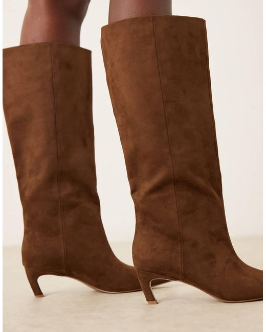 ASOS Natural Carmel Pull-On Kitten Heeled Knee Boots