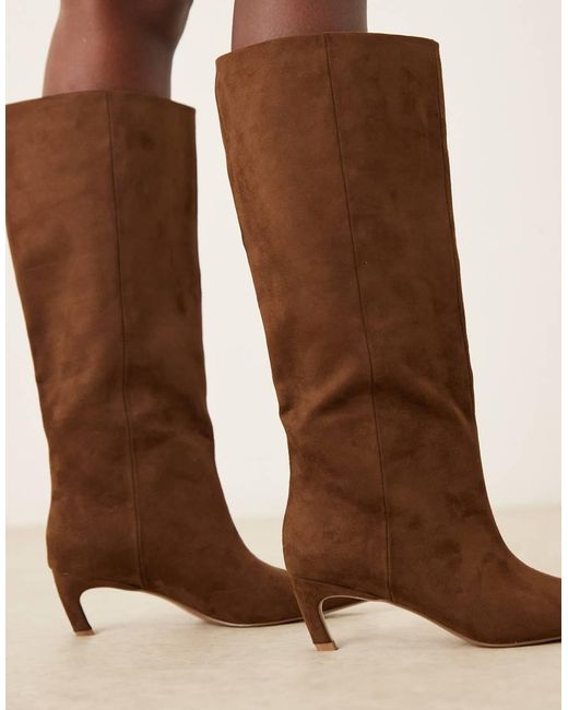 ASOS Natural Carmel Pull-On Kitten Heeled Knee Boots