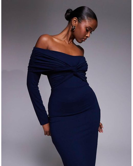 ASOS Blue Off Shoulder Twist Midi Dress With Long Sleeves