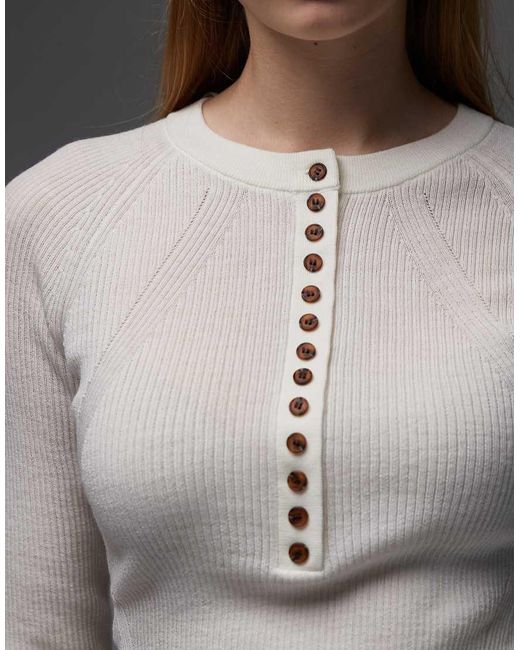 & Other Stories Gray Pure Wool Ribbed Knitted Henley Top