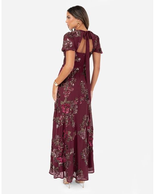 Maya Red Floral Embellished Short Sleeve Open Back Maxi Dress