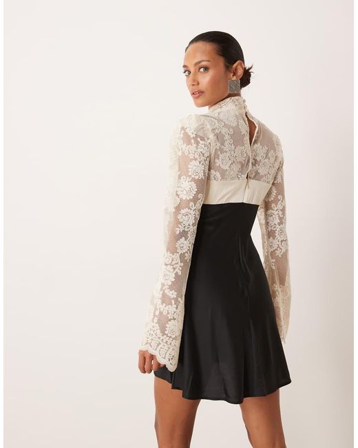 For Love & Lemons Natural Lace And Satin Mix Long Sleeved Mini Dress Bow Bust Detail