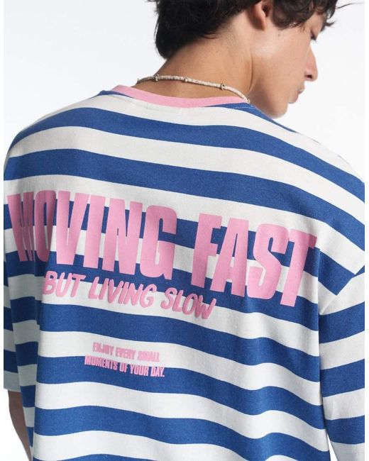 Pull&Bear Blue Stwd Striped T-shirt for men