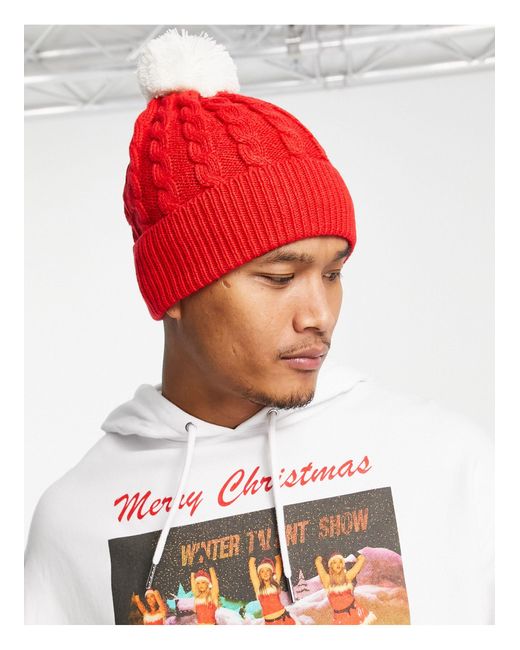 ASOS Red Cable Knit Bobble Hat for Men Lyst