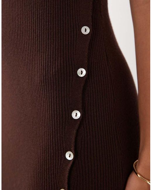 Miss Selfridge Brown Knitted Mandari Collar Midi Dress With Tie Side Detail
