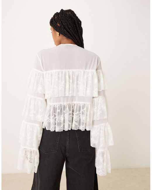 ASOS Natural Tie Front Layered Ruffle Blouse With Lace Inserts