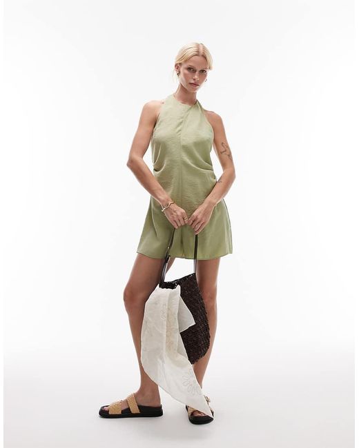 Mono Corto Verde Con Cuello Halter De Cupro De -Marrón TOPSHOP de color Green
