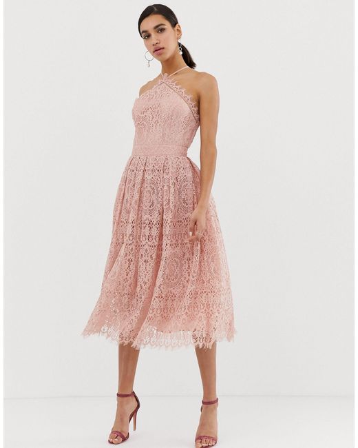 ASOS Pink Lace Midi Dress With Pinny Bodice