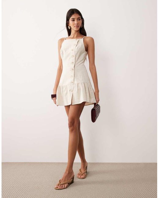 SNDY'S Natural Linen & Cotton Blend Square Neck Button Detail Ruffle Hem Mini Dress