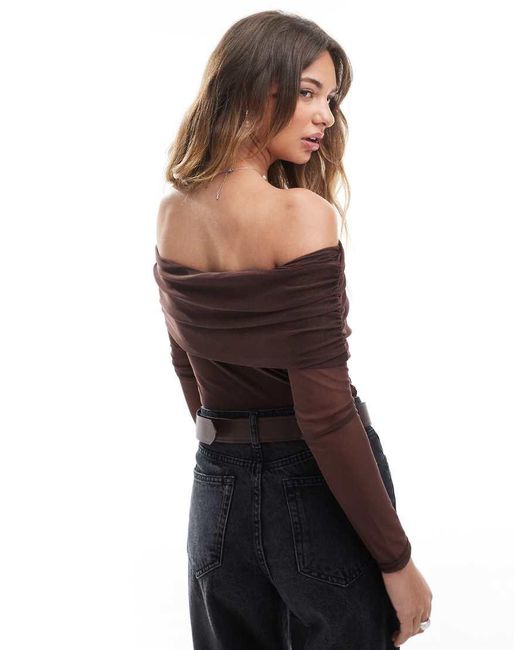 Miss Selfridge Brown Mesh Bardot Bodysuit