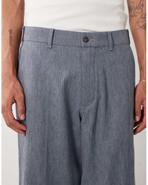 Abercrombie & Fitch Blue Cotton Linen Mix Pleated Baggy Poplin Trousers for men