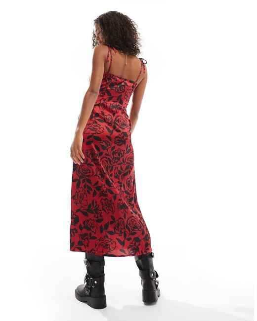 Wednesday's Girl Red Rose Print Lace Insert Cami Dress