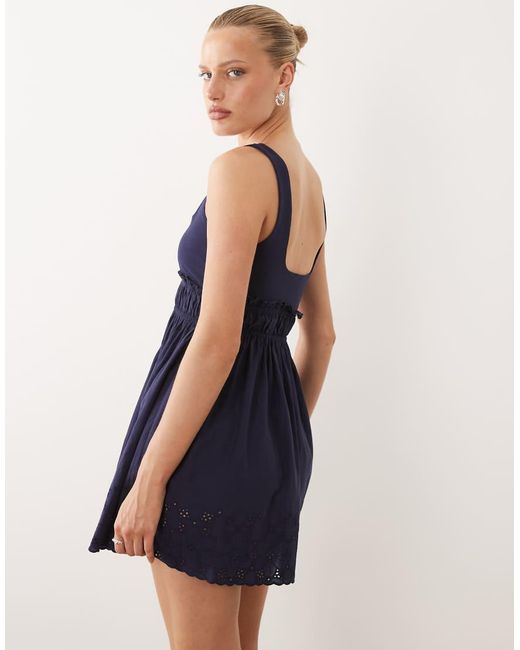 ASOS Blue Square Neck Cotton Sundress With Cutwork Floral