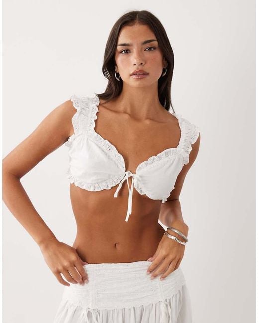 Wanderdoll White Emmy Cotton Broderie Off Shoulder Tie Front Bralette Top Co-ord