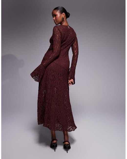 ASOS Purple Lace Long Sleeve Hanky Hem Midi Dress