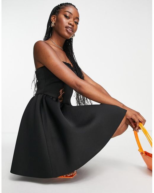 Miss Selfridge Black Scuba Lace Trim Bandeau Mini Dress