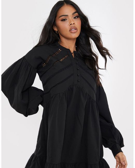 In The Style Black X Lorna Luxe Volume Sleeve Button Front Mini Smock Dress