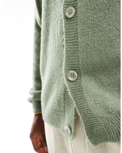 ASOS Green Relaxed Knitted Plush Crew Neck Cardigan for men