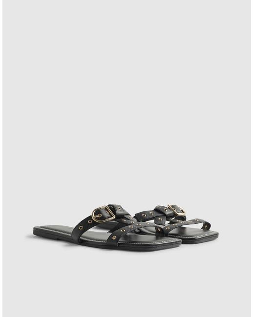 River Island White Leather T Bar Buckle Sandals