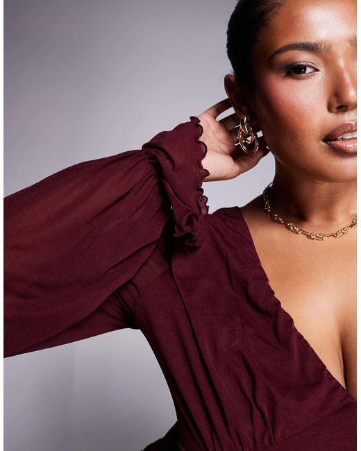 ASOS Red Asos Design Curve Semi Sheer Long Sleeve V-neck Top