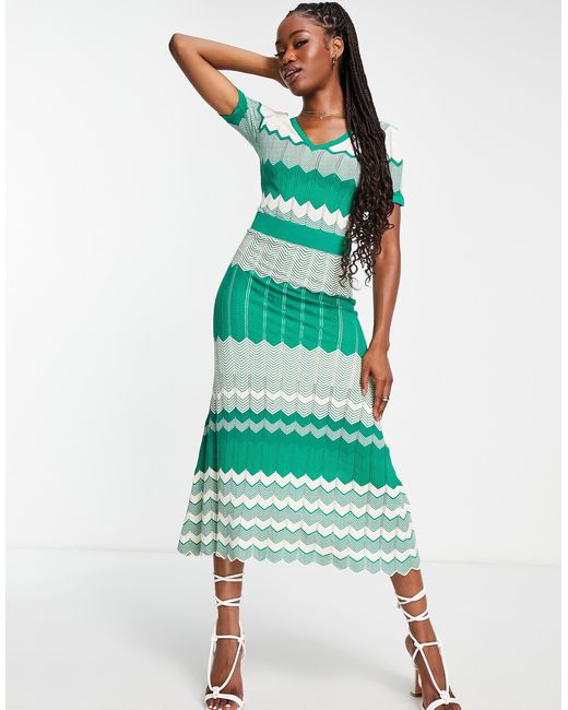 morgan knitted dress Contrast Panel Cap Sleeve Midi in Green couple dress for engagement