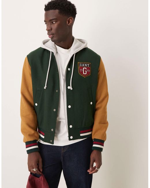 Gant Green Wool Blend Varsity Logo Jacket for men