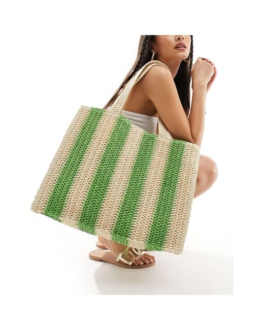 South Beach Green Striped Straw Woven Shoulder Tote Bag