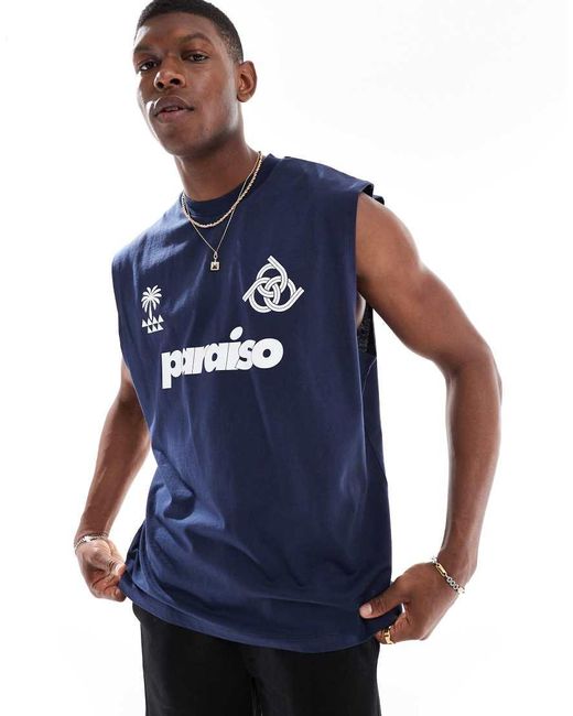 Camiseta Azul Marino Extragrande Sin Mangas Con Estampado Gráfico Deportivo De ASOS de hombre de color Blue