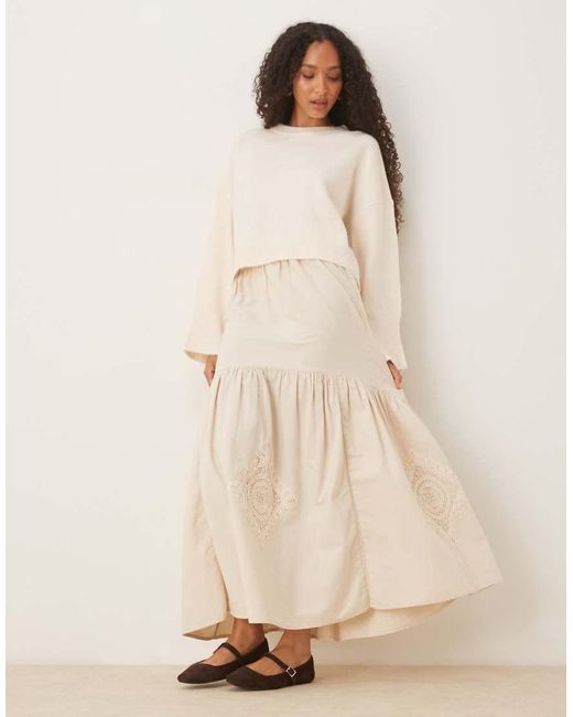 ASOS Natural Embroidered Tiered Maxi Skirt With Lace Inserts