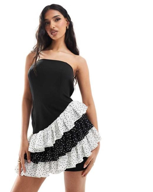 In The Style Black Exclusive Bandeau Dress With Contrast Asymmetric Polka Dot Trim