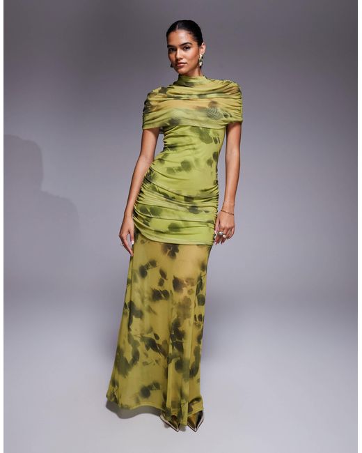 ASOS Green Printed Mesh Highneck Overlay Maxi Dress With Sheer Shirt