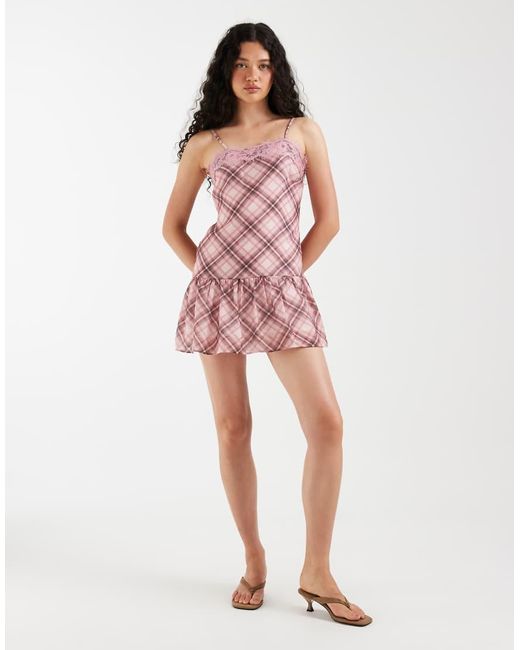 ASOS Pink Satin Dropped Waist Mini Dress With Lace Trim