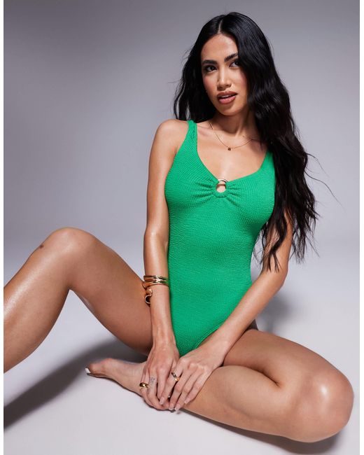South Beach Green Crinkle Ring Front Swimsuit